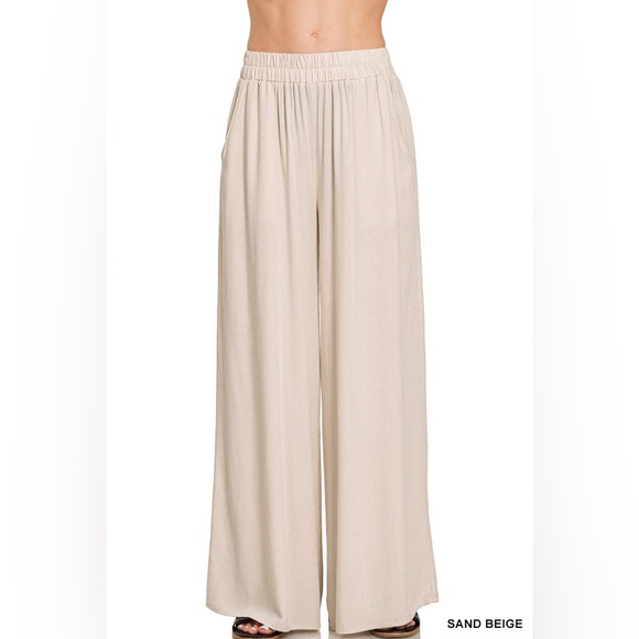 Zenana Pants - $24 Sand Beige Elastic Waistband Woven Pants With Pockets